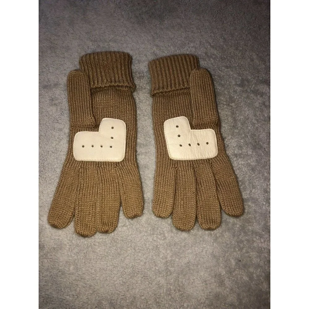 Vintage Ivory Leather Medium Brown Knit Ribbed Cuff Winter Gloves
